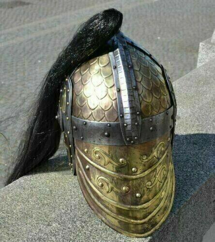 Medieval Helmet Roman Spartan Armor Helmet Antique Brass Viking Mask with Hairs - collectiblegiftitems